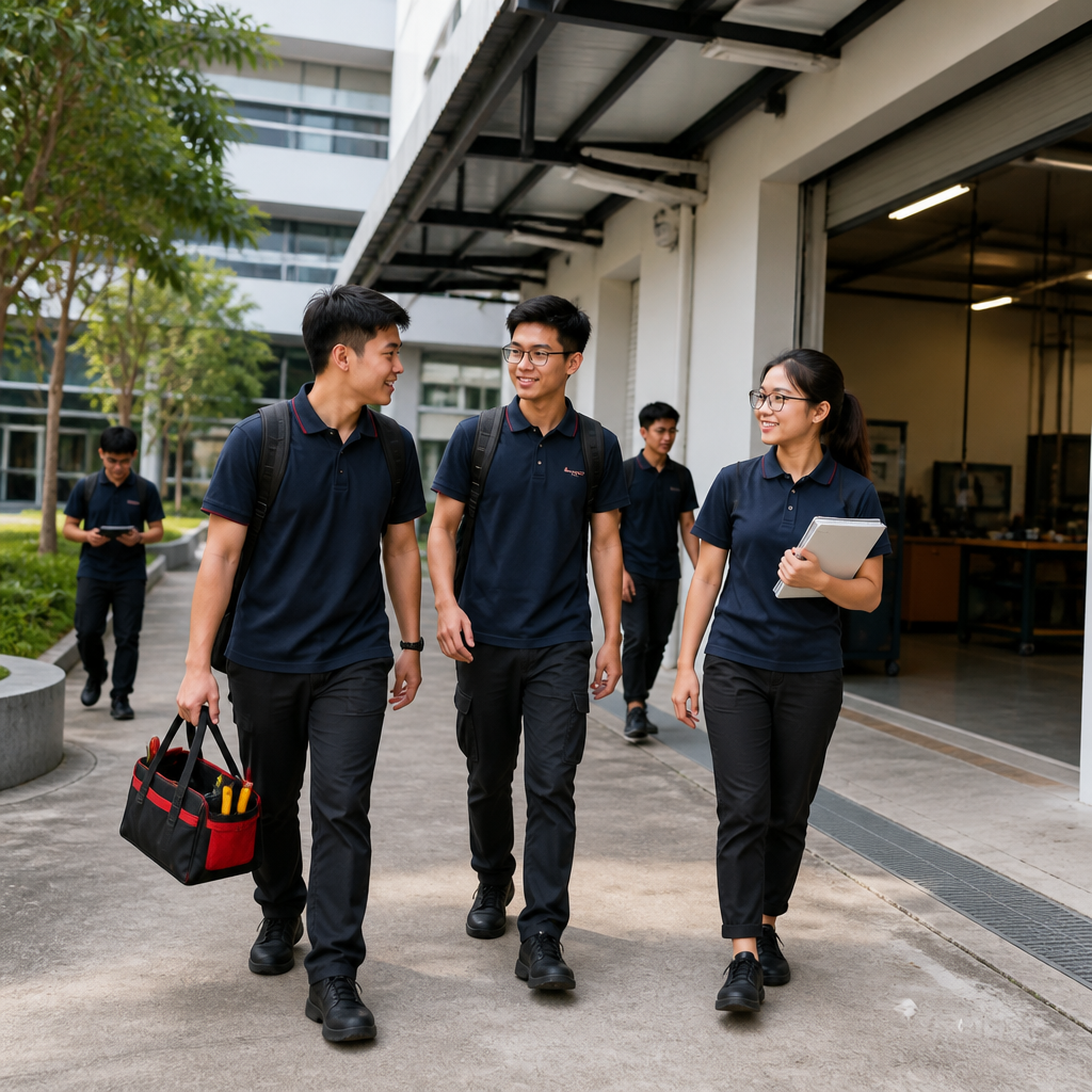 ITE students walking on a Singapore campus that supports technical and vocational learning.