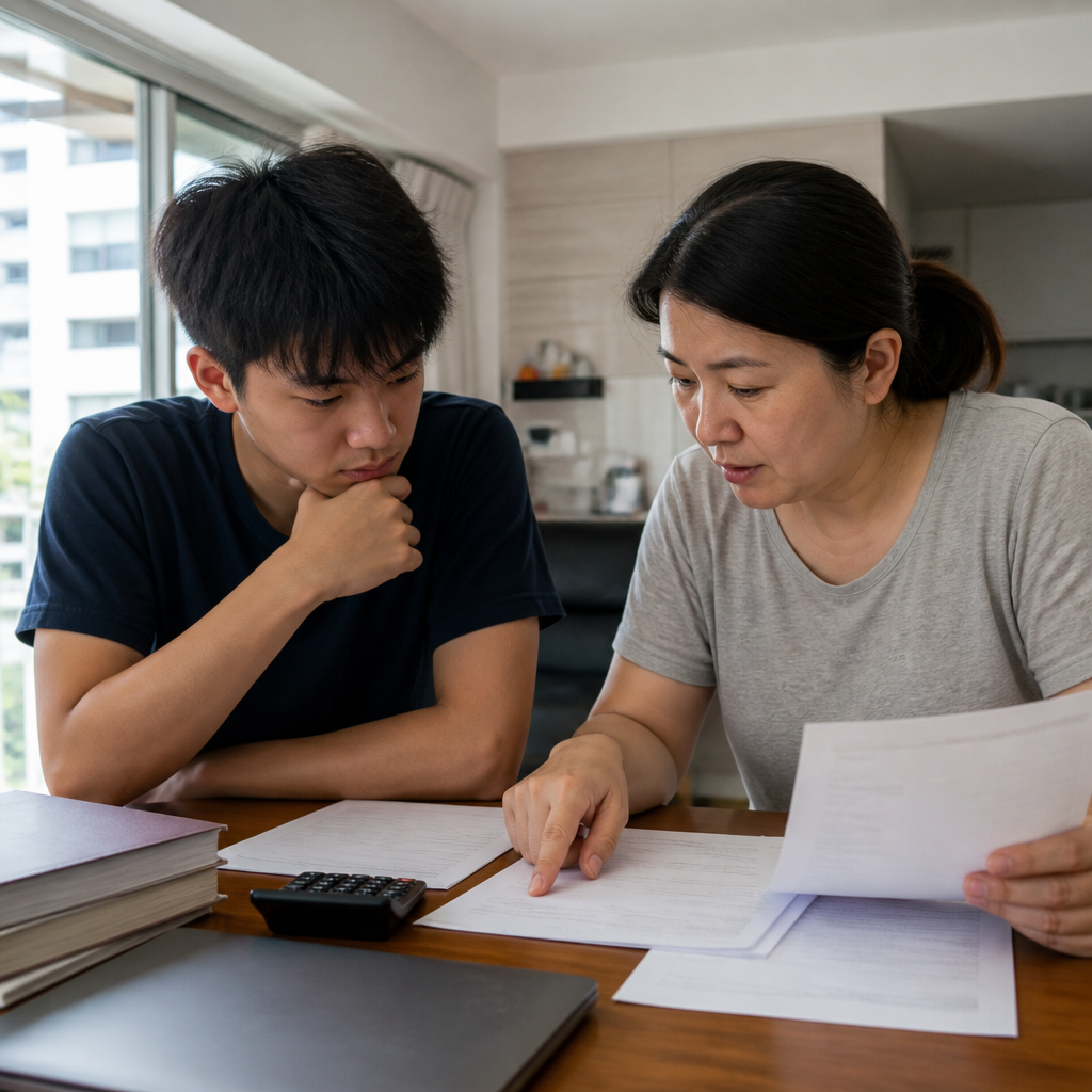 Singapore parents and a teenager reviewing post-secondary pathways and ITE options after results day.