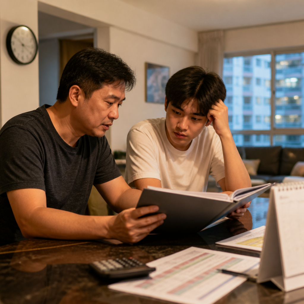 Singapore parent and JC student reviewing JC rank points and university options at home.