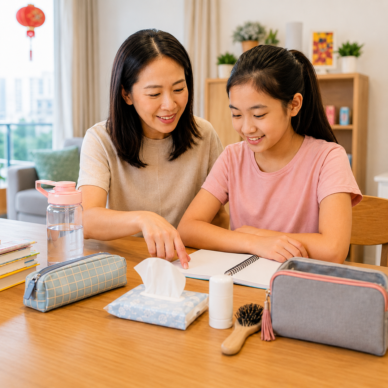 A Singapore mother and preteen daughter preparing school and personal care essentials together at home.